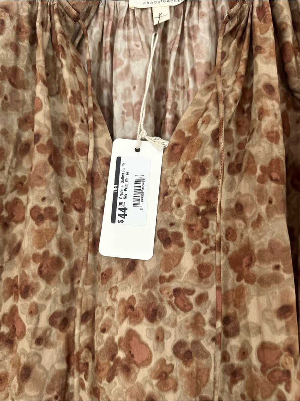 Grade & Gather New York Tan and Brown Floral Ruffle Sleeve Blouse - Picture 3 of 5